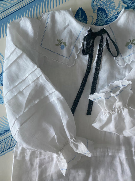 White Linen Blueberry Embroidered Dress